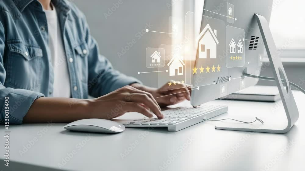 Poster Person typing on a keyboard with house rating icons displayed on the computer screen at a desk top view