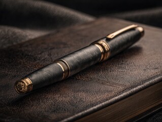 Close-up of a dark gray fountain pen on a leather-bound book.