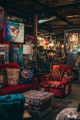 Eclectic living room with mismatched furniture, vintage wall art, a mix of patterns, and a cozy, boho-chic ambiance

