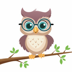 Fototapeta premium Illustration of a cartoon owl wearing glasses perched on a tree branch art