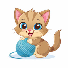 Obraz premium A cartoon kitten with blue eyes is holding a blue ball of yarn and smiling