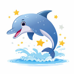 Obraz premium A cartoon dolphin jumping out of the water surrounded by yellow star shapes