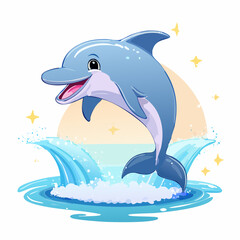 Obraz premium A playful cartoon dolphin jumping out of the water with stars around it art