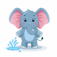 Fototapeta premium A cartoon elephant standing near a puddle of water with a happy expression on face