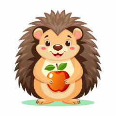 Obraz premium Cartoon hedgehog holding a red apple with green leaves in a bright setting