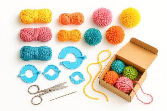 Colorful yarn balls and pompom maker tools creating fluffy crafts