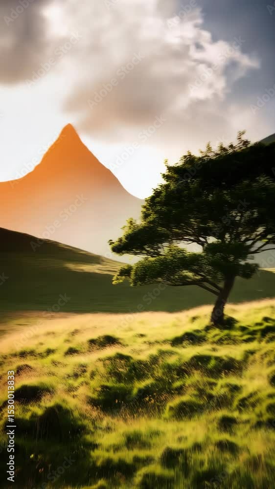 Poster scenic hillside landscape featuring a lone tree illuminated by sunlight with a backdrop of a tall gr
