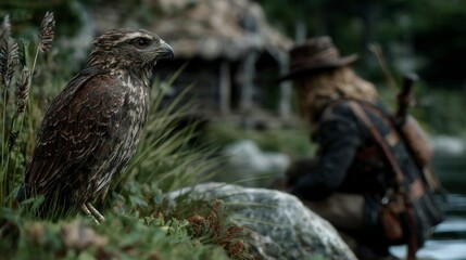 Fototapeta premium A majestic bird of prey perched near a person in nature
