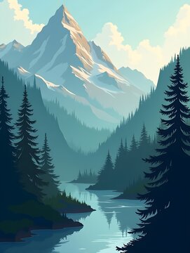 A mountain landscape with trees and a river