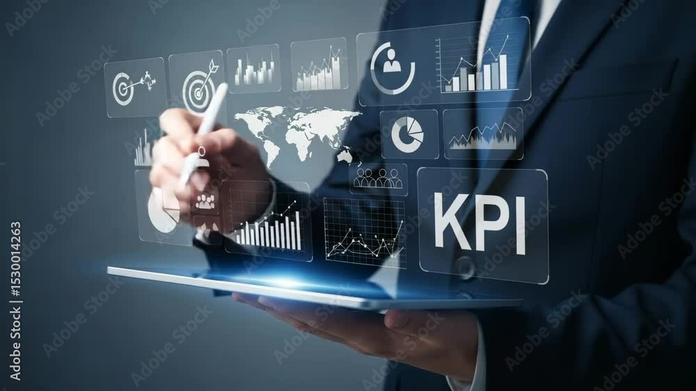 Aufkleber Man in suit using tablet with kpi and data visualizations floating above the device screen display