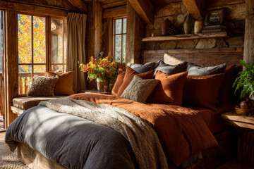 Rustic bedroom with cinnamon bedding, wood walls and warm sunlight
