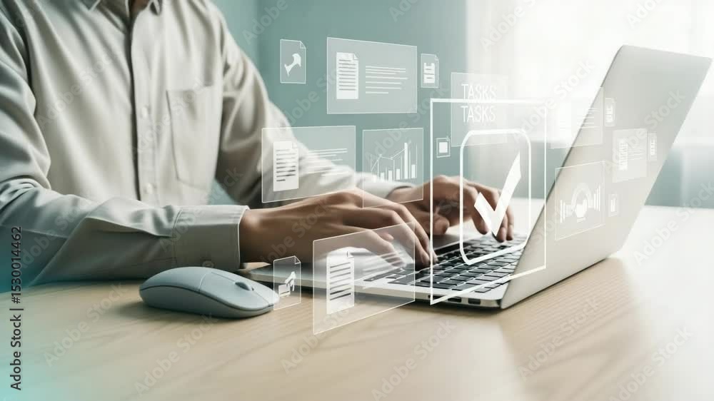 Poster person typing on laptop with digital document icons and a mouse on a wooden desk surface shown