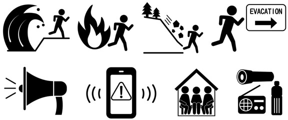 災害時の避難行動と防災アイコンセットのイラスト