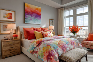 Colorful bedroom with abstract bedding, bold pillows and modern wall art