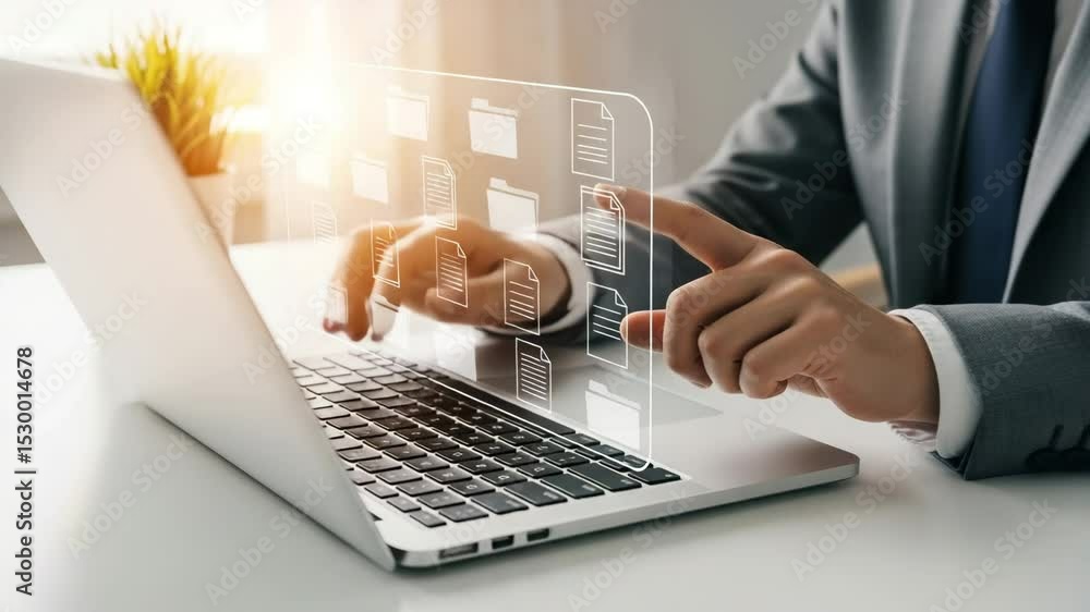 Poster person interacting with virtual documents on a laptop in a bright office environment setting