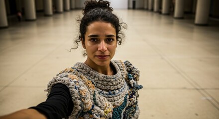 Woman in a unique crocheted vest.  Inside a vast, light-filled, modern hall