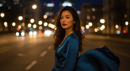 Woman in blue dress on city street at night