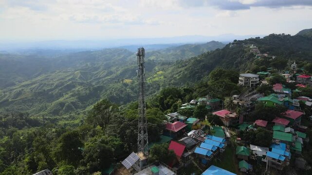 Aerial View of Mobile Network Tower Amidst Lush Hills in Sajek, Bangladesh