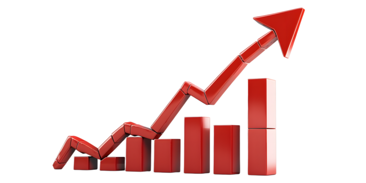 red upward arrow graph showing rising trend isolated on white background PNG. 