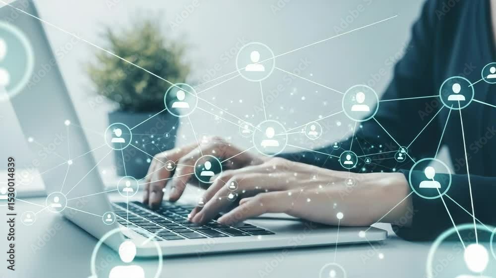 Poster person typing on a laptop with a social network graphic overlay and a plant in the background