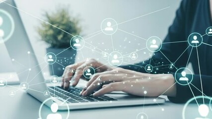 Person typing on a laptop with a social network graphic overlay and a plant in the background - Powered by Adobe