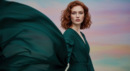 Woman in emerald green dress, flowing fabric