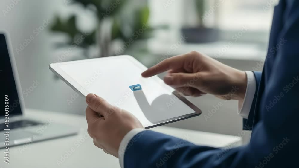 Aufkleber Person tapping generate button on tablet near laptop and plant in bright office setting scene at work