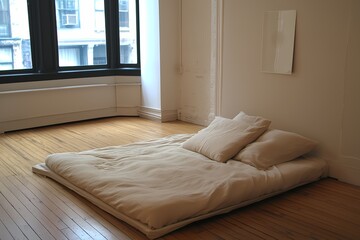 Fototapeta premium Zen-inspired bedroom with neutral bedding, low platform bed, wooden floors, minimal decor, and a calm, serene atmosphere