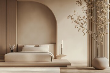 Zen-inspired bedroom with neutral bedding, low platform bed, wooden floors, minimal decor, and a calm, serene atmosphere
