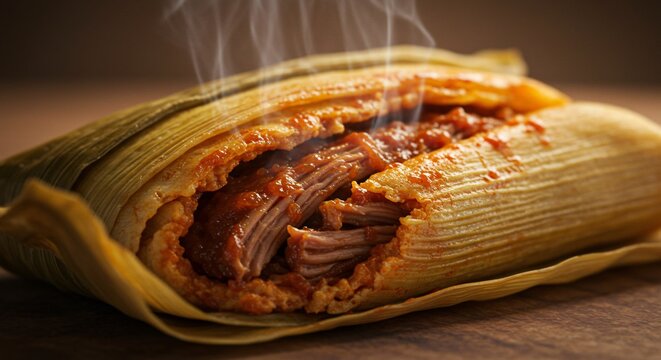 A close up of a steaming hot tamale with meat and sauce on a wooden surface with brown background