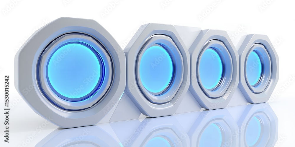 Poster four white octagonal frames with blue glowing centers aligned on a reflective surface view from side