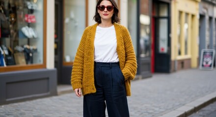 Woman in mustard yellow cardigan and navy pants