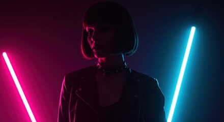 Woman in neon light, dark style
