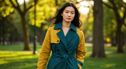 Woman in park, fall colors, trench coat