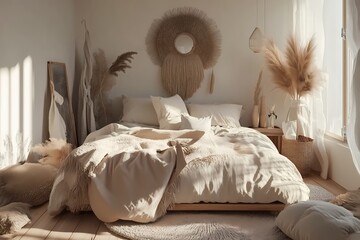 Zen-inspired bedroom with neutral bedding, low platform bed, wooden floors, minimal decor, and a calm, serene atmosphere