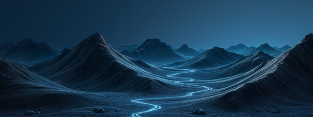 Glowing paths wind through dark, wavy mountains in a moody, hyperreal landscape of deep blues and blacks