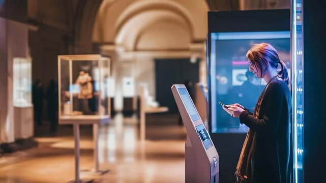 Museum visitor buys entry ticket with smartphone at kiosk with HUD confirmation display