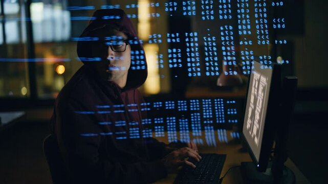 Hacker breaking computer system in data hologram closeup. Spy programer working