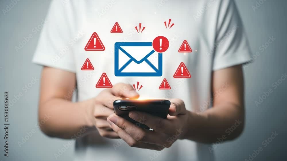 Poster person holding phone with email icon and warning alerts floating around the screen showing notificat