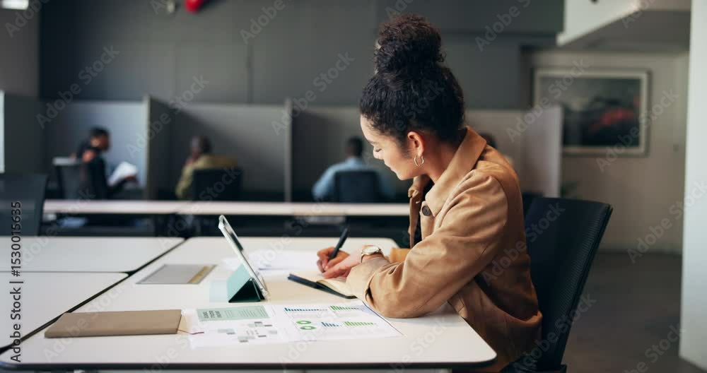 Poster Writing, tablet and woman in office for statistics, website analysis and research for seo. Creative, professional and person with notes, graph and chart for online review, web report and project