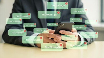 Businessman holding smartphone with new message notifications popping up on the screen around him - Powered by Adobe