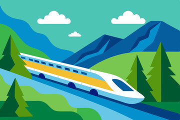 Speeding train traveling through a breathtaking mountain landscape, an iconic symbol of rail transportation