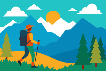 Vector illustration of a summer mountain landscape with trees, grass, and a blue sky with clouds