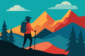 Vector illustration of a mountain landscape at sunset with a silhouette of a man