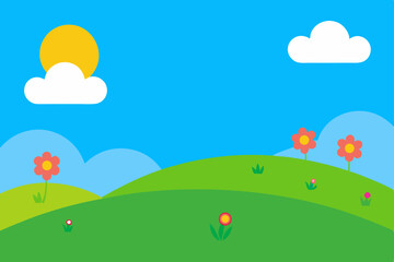 Vector cartoon illustration of a vibrant summer or spring landscape with blooming flowers in a meadow under a sunny sky with fluffy clouds