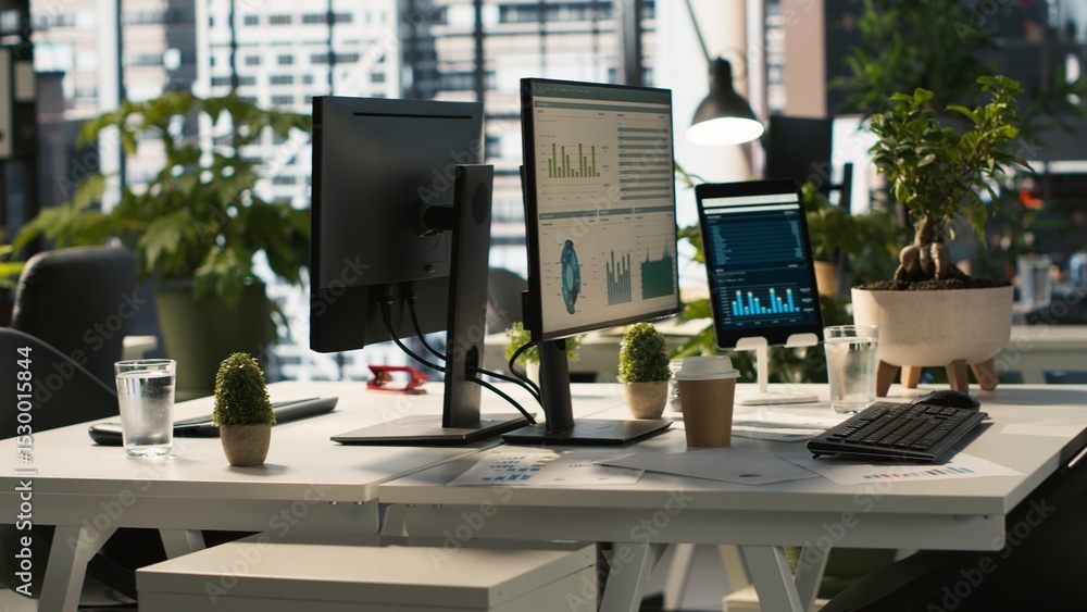 Poster business graphs and performance metrics on monitors in workplace, handheld camera shot. office desk 