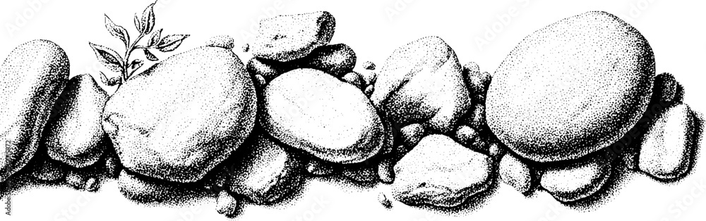 Poster detailed dotwork of pebble inclusions on asphalt texture with botanical element