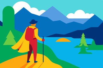 Vector illustration of a summer mountain landscape with sun and clouds