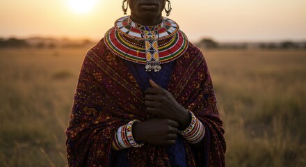 Woman in traditional African attire at sunrise