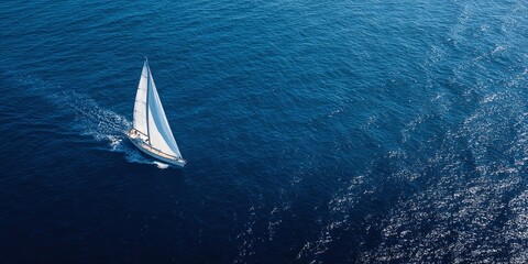 A sailboat gracefully glides across the tranquil expanse of a deep blue ocean, its white sails catching the wind under clear skies. Adventure awaits!